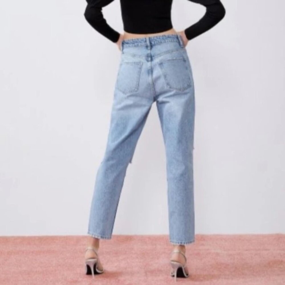 Zara Ripped Mom Jeans Light Wash High Waist Distressed Straight Leg Denim Size 2 - Picture 3 of 13